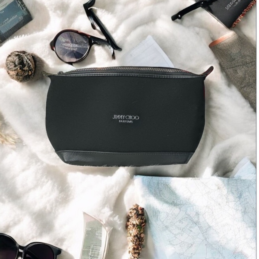 JIMMY CHOO BEAUTY BLACK SCUBA PERFUME MAKEUP HYGIENE BAG ZIP CLOSURE SIDE SNAP